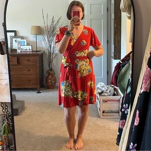 Lauren Ralph Lauren Red Floral Ruffle Trim Jersey Mini Dress